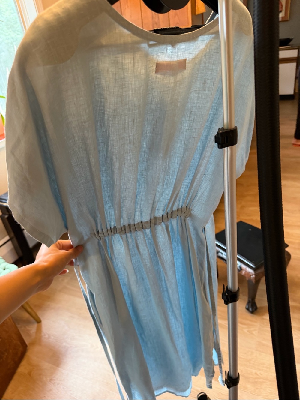 Linen Light Blue Women’s Tie-Waist Midi Dress